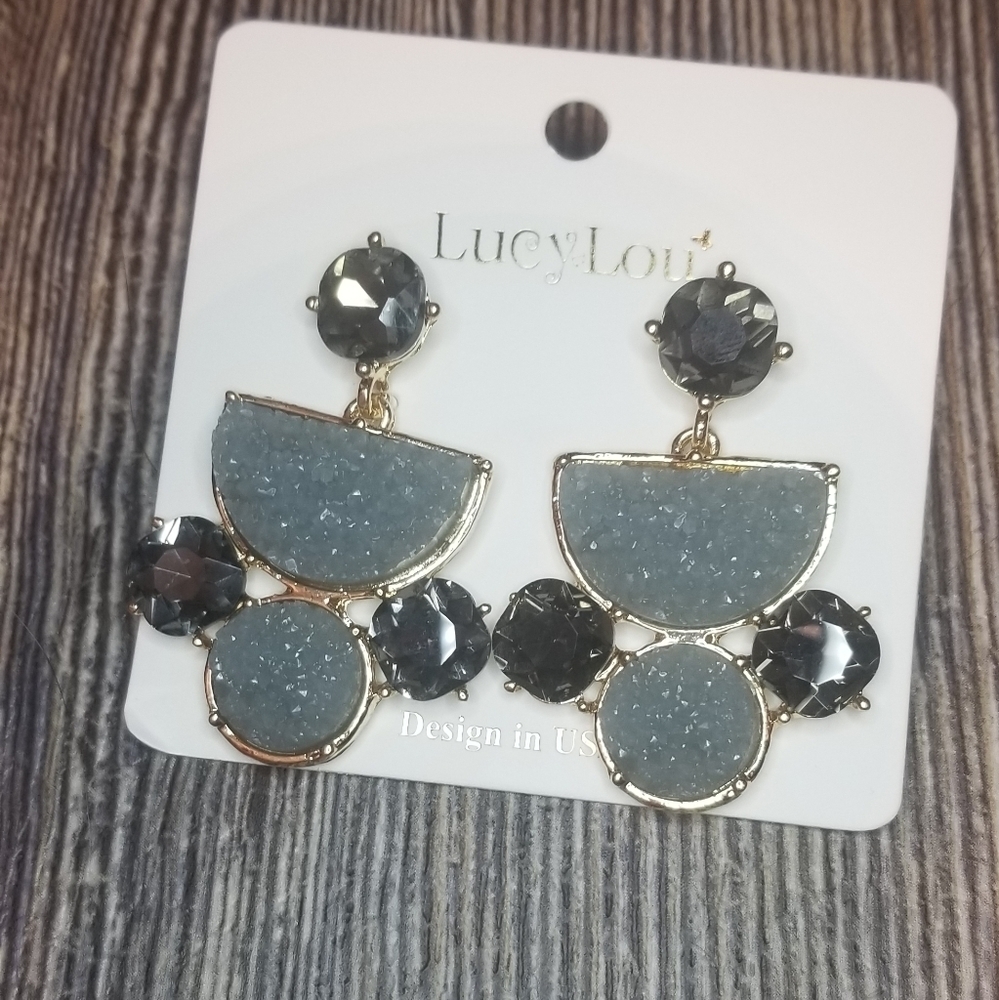 Grey Druzy Stone Drop Earrings